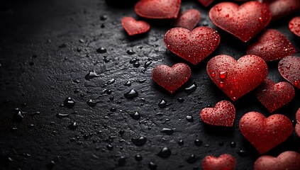 Obraz premium A Group of Red Hearts on a Black Surface, A Bold Display of Love and Passion.
