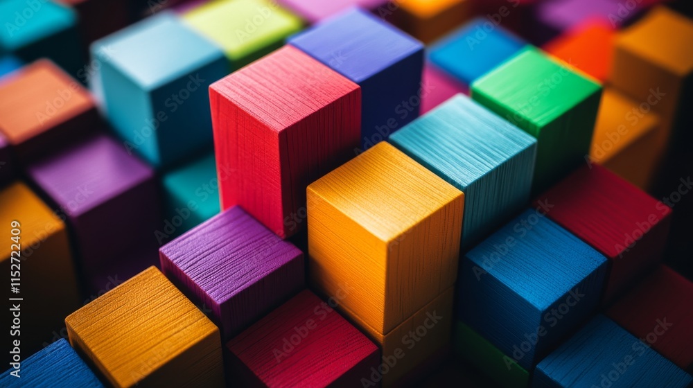 Poster a creative composition featuring a playful block-building scene, colorful blocks meticulously arrang