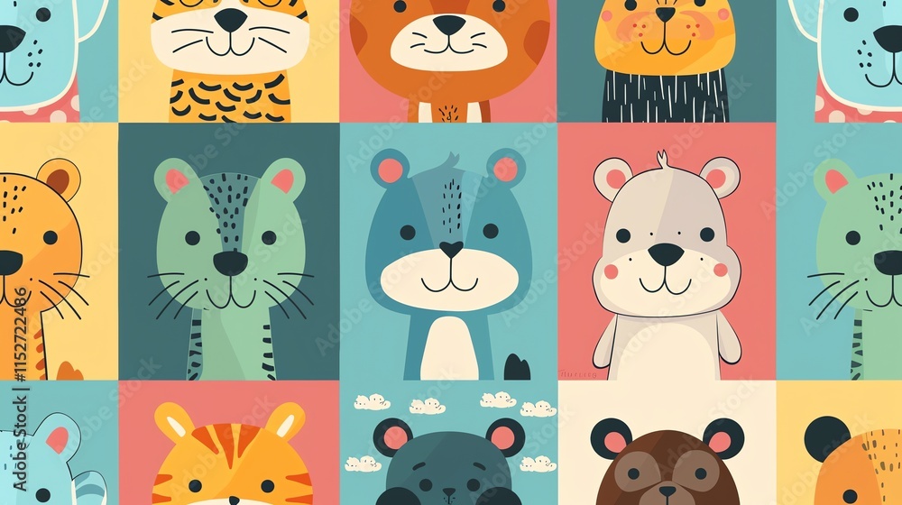 Poster a colorful pattern of cute animal faces in a grid layout.