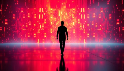 Through the Digital Veil: Man Walking in a Luminous, Abstract Futuristic World