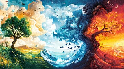 The creation story illustrated with vibrant images of the world being formed in seven days, each day a different scene. Aureole. Illustration