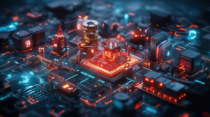 complex data stream flowing through futuristic cityscape with glowing circuits and buildings, showcasing advanced technology and innovation