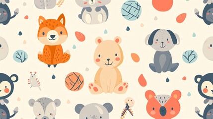 A colorful seamless pattern of cartoon animals on a cream background.