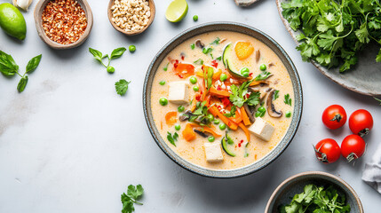 vibrant bowl of vegan tom yum soup with tofu, vegetables, and herbs