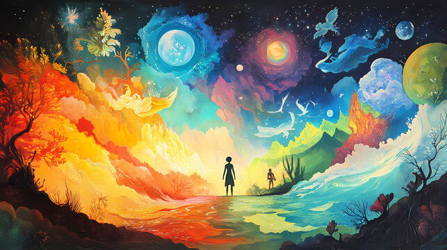 The creation story illustrated with vibrant images of the world being formed in seven days, each day a different scene. Aureole. Illustration