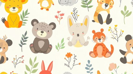 Naklejka premium Seamless pattern of cute woodland animals and flowers.