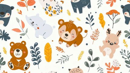 Obraz premium A seamless pattern of cute animals and plants.