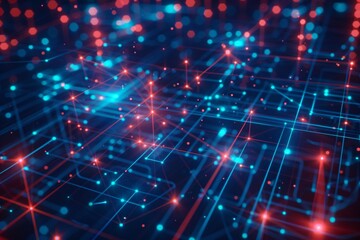 Fototapeta premium Glowing red and blue connection points form a network on a digital abstract backdrop