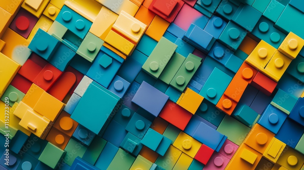 Poster a creative composition featuring a playful block-building scene, colorful blocks meticulously arrang