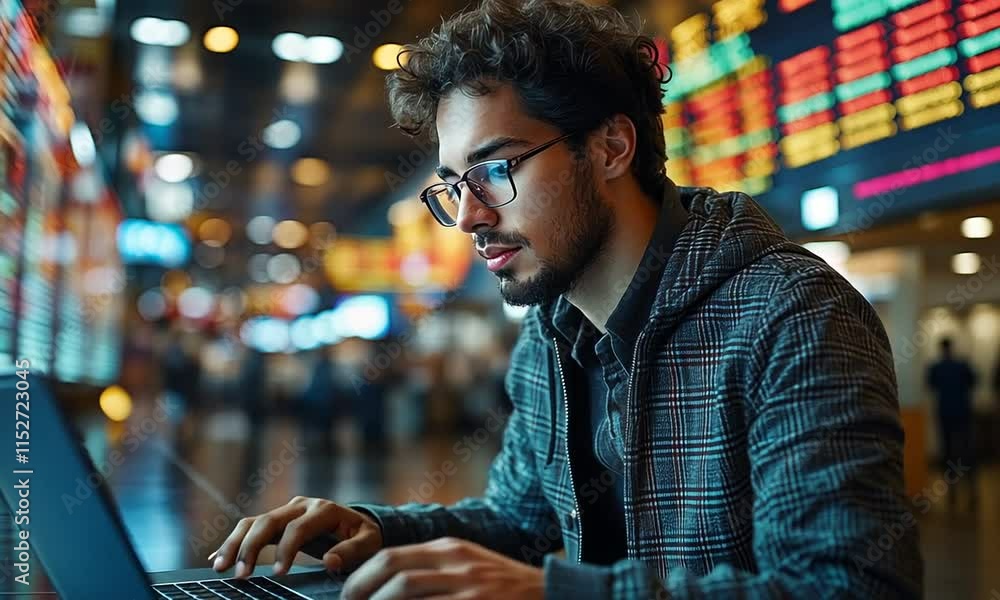 Poster focused trader analyzing market data on laptop