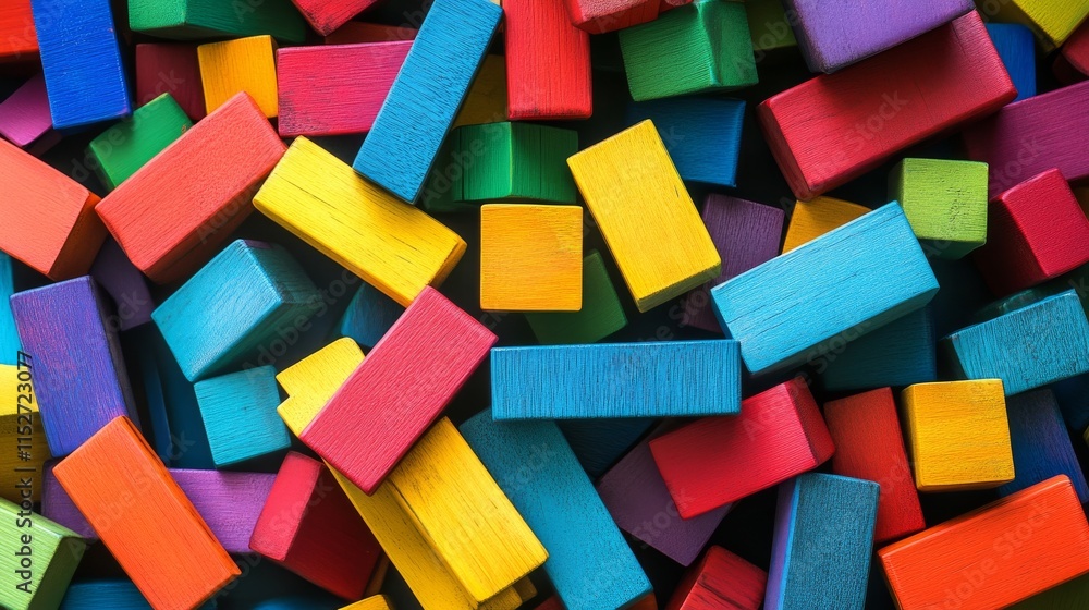 Poster a creative composition featuring a playful block-building scene, colorful blocks meticulously arrang