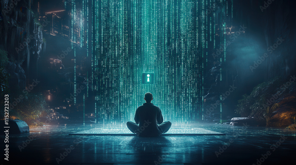 Poster hacker in dark room sits cross legged, facing wall of encrypted data. atmosphere is intense and myst