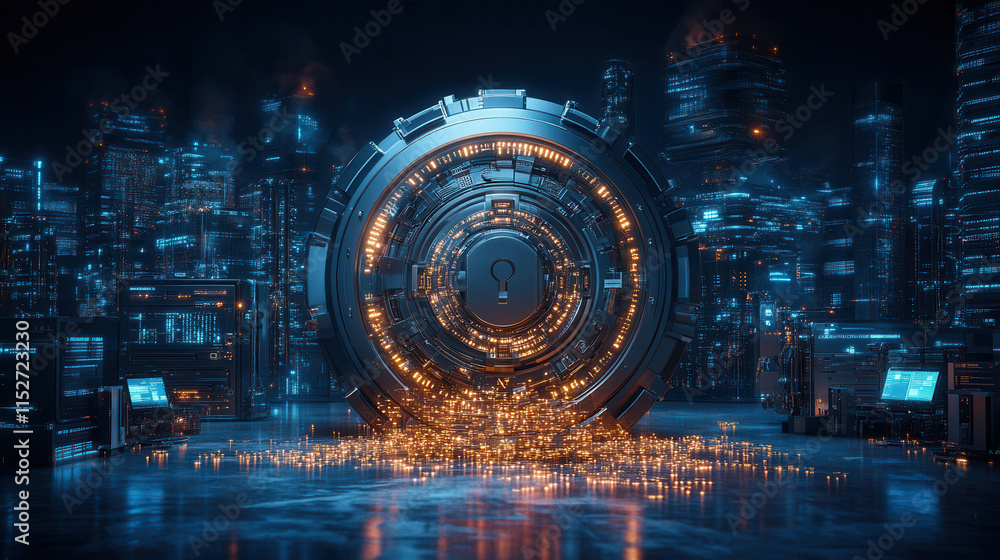 Poster locked digital vault with glowing binary code in futuristic cityscape. scene evokes sense of securit