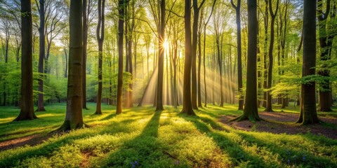 Fototapeta premium A serene forest scene in spring with sunlight filtering through the trees, casting dappled shadows on the forest floor