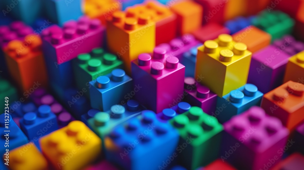 Poster a creative composition featuring a playful block-building scene, colorful blocks meticulously arrang