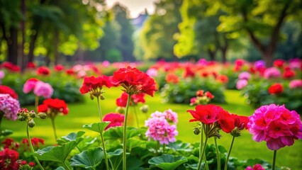 Obraz premium Vibrant geranium blooms surround lush greenery in a picturesque park setting, park, geraniums, park,geraniums, foliage