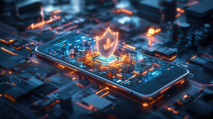 smartphone with glowing shield hovering above circuit board, symbolizing digital security and technology