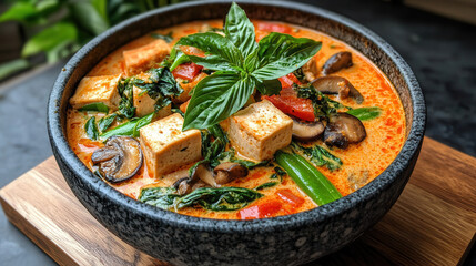 vibrant vegan Thai herbal soup with tofu, mushrooms, and fresh basil. This delicious dish is perfect for healthy meal