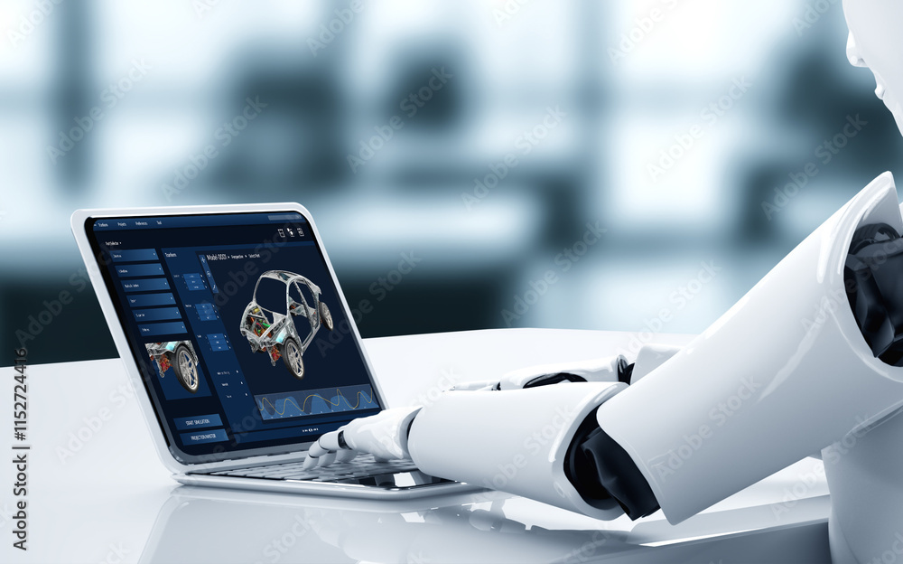 Poster electric car design software on computer screen showing simulation blueprint snugly by digital calcu