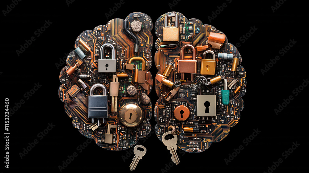 Poster abstract visual of human brain made of circuit patterns and locks, symbolizing security and intellig