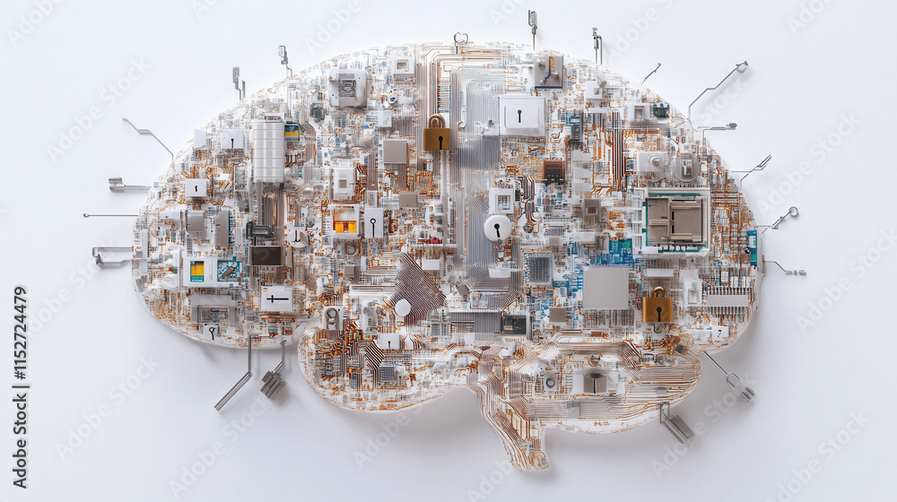 Poster abstract visual of human brain made of circuits and technology, symbolizing intelligence and innovat