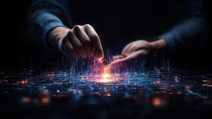 Abstract representation of data ownership with digital elements and hands