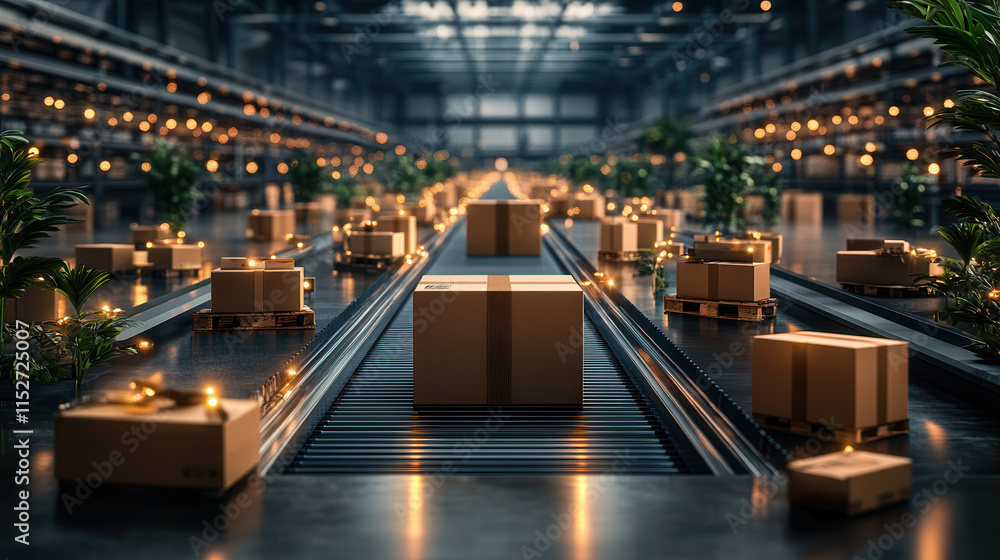 Poster automated conveyor belt with boxes being scanned and sorted in warehouse