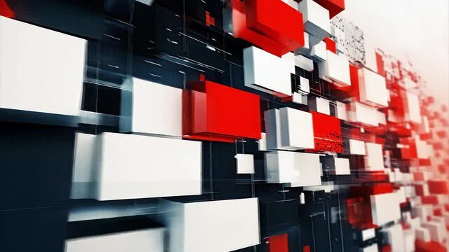 Red, white and black background graphic abstract of rectangular boxes shifting around a scrolling background. For news broadcast introduction or background graphic.