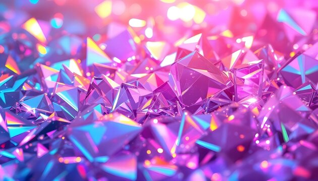 Holographic background with glass shards. Rainbow reflexes in pink and purple color. Abstract trendy pattern. Texture with magical effect. Glass shard background with rainbow colors background design