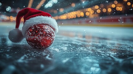 Hockey Puck Adorned with a Red Santa Hat on an Ice Rink with Blurred Stadium Lights