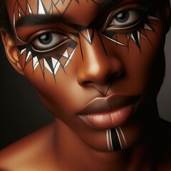 A person with artistic geometric eyeliner designs enhancing thei