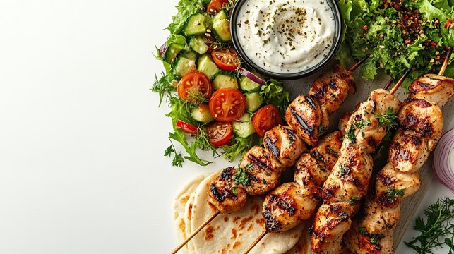 Grilled chicken souvlaki skewers with tzatziki sauce, fresh salad, and pita bread on white background.