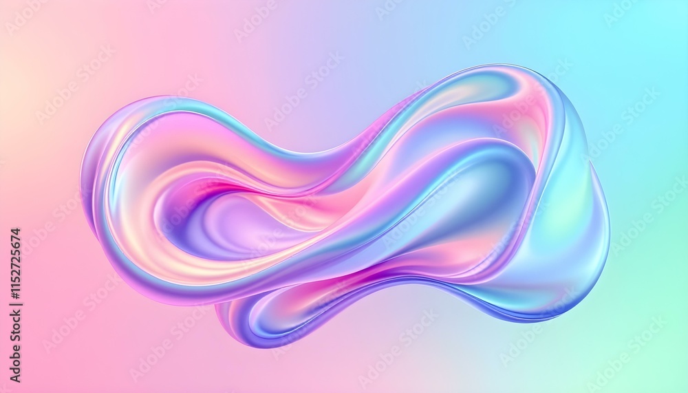 Poster Holographic gradient neon wave shape on a white background. 3d render of simple colorful ribbon. Gradient glass effect, holographic style, fluid and organic shapes, 3d wave background