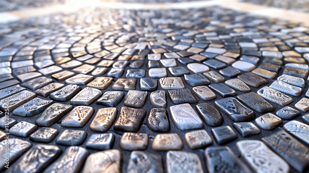 Poster a close-up view of a cobblestone path with a circular pattern in the center.