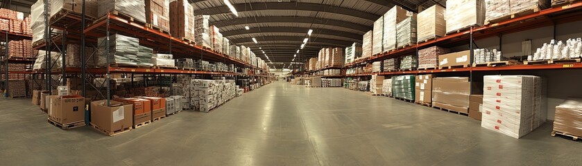 Wide shot of a full warehouse with packed goods, shelves lined with products and boxes, showcasing a streamlined and efficient storage facility