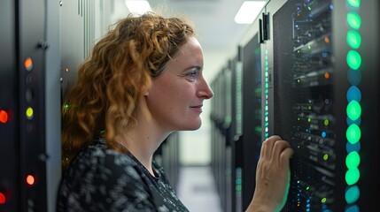 Woman with curly hair inspecting server rack lights in a data center.