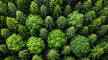 Aerial view of lush green forest canopy, showing diverse treetops.