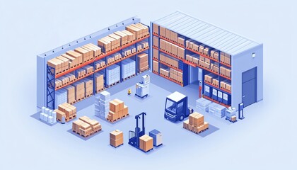 Fototapeta premium Busy warehouse with packed goods, high shelves filled with boxes and pallets, showcasing a wellmanaged storage system for business logistics