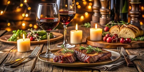 A luxurious dinner setup with a pair of steaks and a glass of red wine on a wooden table, surrounded by soft candlelight and elegant decorations , formal table setting, wine dinner