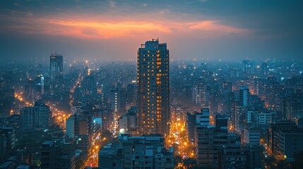 Obraz premium A vibrant cityscape at dusk, showcasing illuminated buildings and bustling streets.