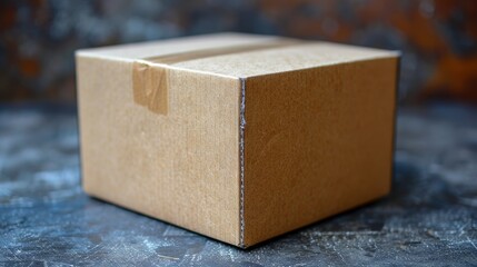 Closed square cardboard box sealed with tape on dark background.