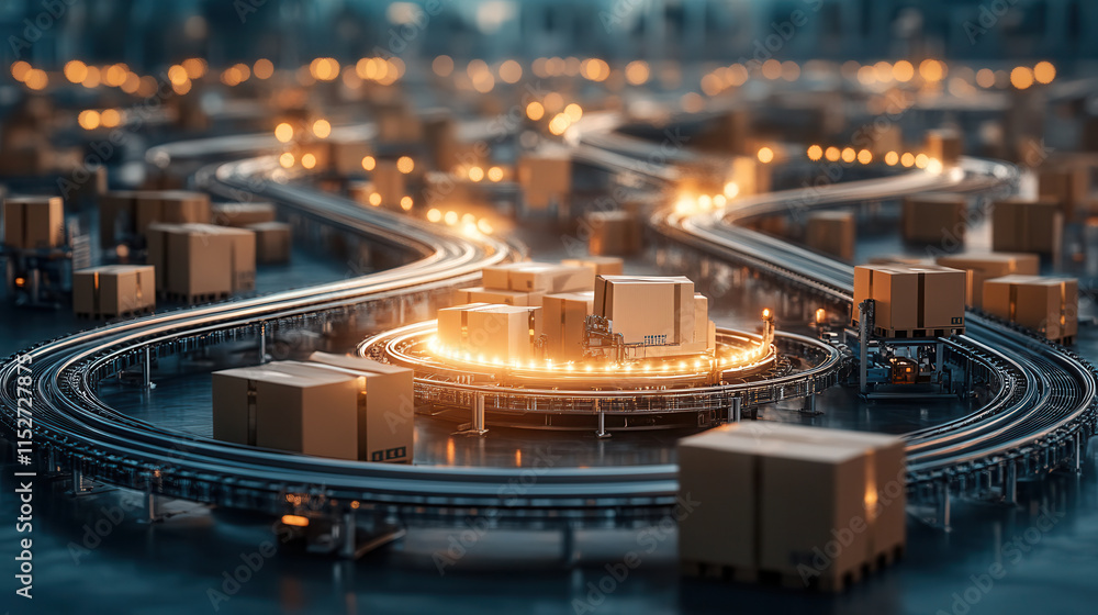 Aufkleber modern distribution warehouse with conveyor belts and packages moving efficiently. scene captures dy
