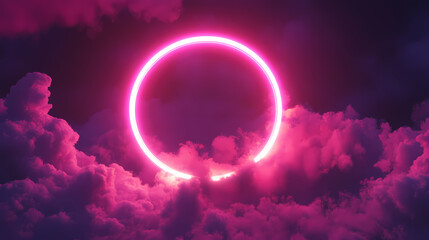 Obraz premium Pink neon light ring creates a vibrant halo around a cloud in the dark sky, 3d framed. Aureole. Illustration
