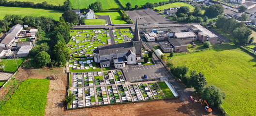 Aerial video of St Marys Church Rasharkin Village Co Antrim Northern Ireland