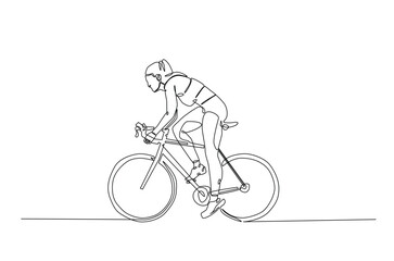 Woman riding bicycle continuous one line drawing. Riding bike single line art illustration. Editable vector.