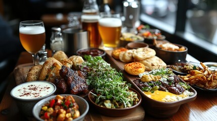 Fototapeta premium Abundant feast of grilled meats, bread, salads, and beer on a wooden table.