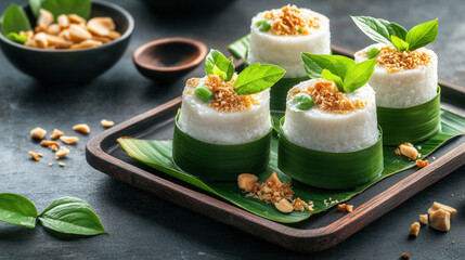 Delicious vegan Thai coconut dessert made with sticky rice and topped with peanuts. delightful treat served on banana leaves