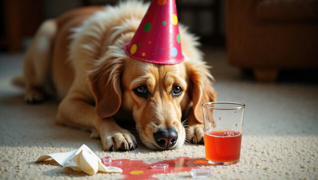 A dog in a festive hat is lying on the floor next to a spilled cocktail, looking a little sad and hungover after the party.Post-holiday melancholy