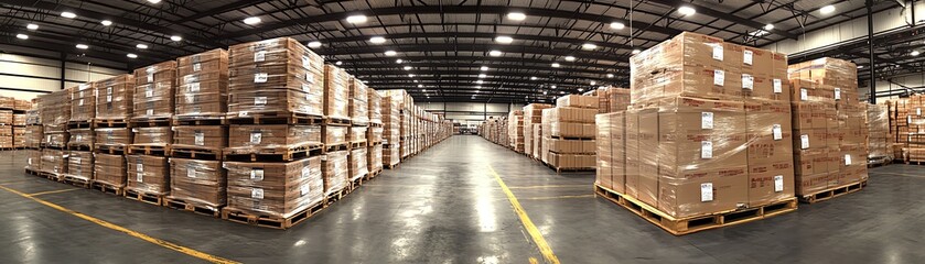 Full warehouse with goods stacked on shelves and pallets, highlighting the scale and efficiency of the storage system in a logisticsfocused environment