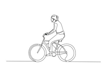 Obraz premium Woman riding bicycle continuous one line drawing. Riding bike single line art illustration. Editable vector.